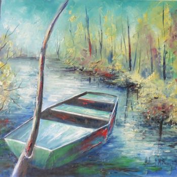 Painting titled "Barque en Seine" by Hubert Mathieu, Original Artwork, Oil