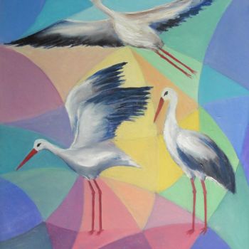 Painting titled "Les Cigognes" by Hubert Mathieu, Original Artwork, Oil