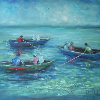 Painting titled "Promenade en Barque" by Hubert Mathieu, Original Artwork, Oil