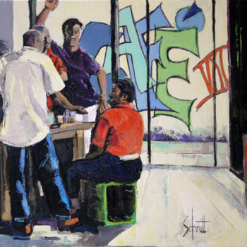 Painting titled "INTÉRIEUR CAFÉ VIII" by Jean-Paul Schmitt, Original Artwork, Oil Mounted on Wood Stretcher frame