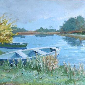 Pittura intitolato "Bateaux sur la rivi…" da Stanislav Khodak, Opera d'arte originale, Olio
