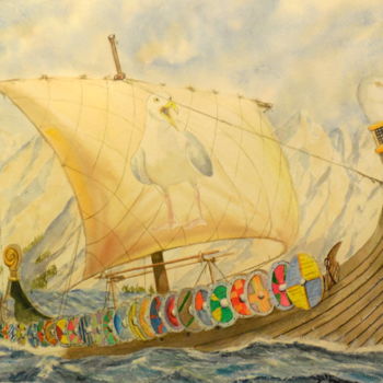 Peinture intitulée "Drakkar Goeland" par Patrick Bigeon, Œuvre d'art originale, Aquarelle Monté sur Carton