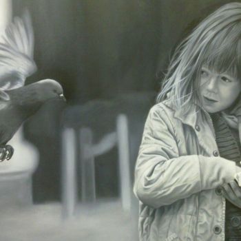Painting titled "Child& bird.jpeg" by Arezoo Tehrani, Original Artwork, Oil