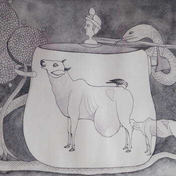 Painting titled "kamdhenu" by Singh Avtar, Original Artwork, Watercolor