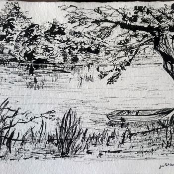Dessin intitulée "Au bord de la Loire" par Marian Cobos, Œuvre d'art originale, Encre