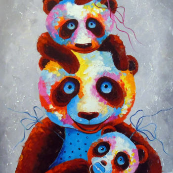 Painting titled "Panda family" by Olha, Original Artwork, Oil