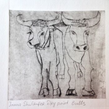 Printmaking titled "bulls" by Janna Shulrufer, Original Artwork, Engraving