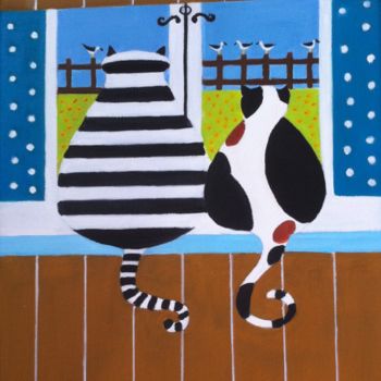 Peinture intitulée "Chats à la fenêtre" par Josy Chatain, Œuvre d'art originale