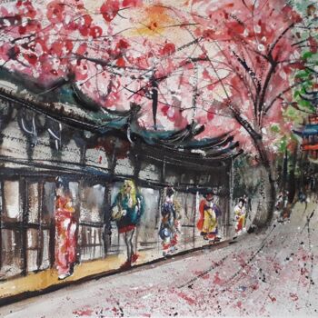 Malerei mit dem Titel "Promenade japonaise" von Jean-Pierre Missistrano, Original-Kunstwerk, Aquarell