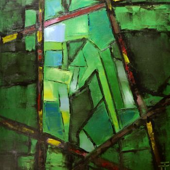 Painting titled "Vitrail du livreur" by Thierry Faure, Original Artwork, Oil Mounted on Wood Stretcher frame