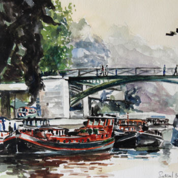 Peinture intitulée "péniches" par Pascal Brachet, Œuvre d'art originale, Aquarelle