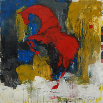 Malerei mit dem Titel "Cheval-rouge-100x100" von Blezot, Original-Kunstwerk, Acryl