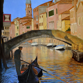 Pintura intitulada "VENISE GONDOLE" por Renand, Obras de arte originais, Óleo Montado em Armação em madeira