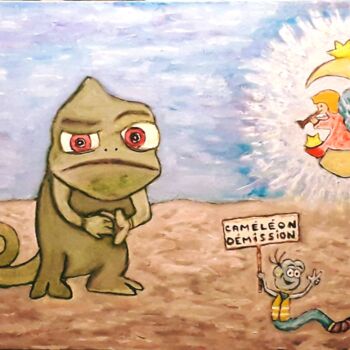 Peinture intitulée "Caméléon démission !" par Rodolphe Quinet, Œuvre d'art originale, Huile Monté sur Châssis en bois