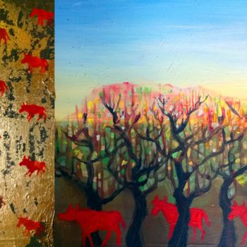 Painting titled "Red Cows Spring" by Zenya Gorlik, Original Artwork, Acrylic