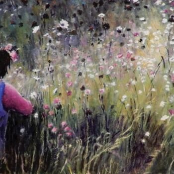 Peinture intitulée "cueillette-de-cosmos" par Brigitte With, Œuvre d'art originale, Huile
