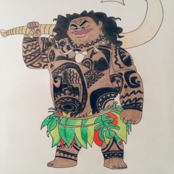 Tekening getiteld "Maui, Le Guerrier" door Celestino Alertse, Origineel Kunstwerk, Potlood