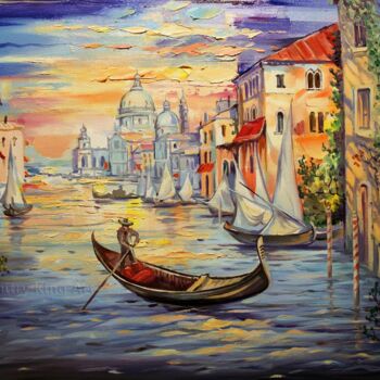 Schilderij getiteld ""Morning in Venice"" door Dmitry King, Origineel Kunstwerk, Olie Gemonteerd op Frame voor houten branca…