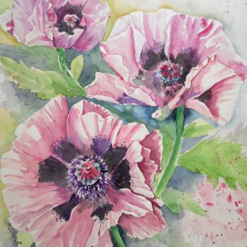 Pintura titulada "Lila Mohn" por Maria Földy, Obra de arte original, Acuarela