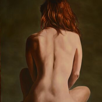 Painting titled "Nude from behind" by Istvan Cene Gal, Original Artwork, Oil Mounted on Wood Stretcher frame