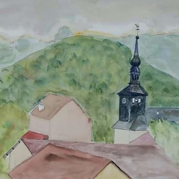 Painting titled "Village d'Onnion et…" by Pascale Coutoux, Original Artwork, Watercolor