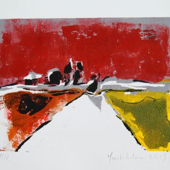 Prenten & gravures getiteld "Route de Tostes 7/12" door Hervé Marchelidon, Origineel Kunstwerk, Linosnede