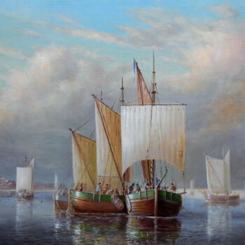 Painting titled ""drying the sails."" by Jos Kivits, Original Artwork, Oil