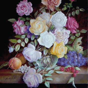 Painting titled ""Roses from my gard…" by Jos Kivits, Original Artwork, Oil