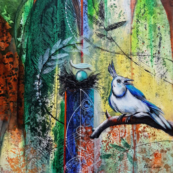 Malerei mit dem Titel "Feathered Guardian" von Kasun Wickramasinghe, Original-Kunstwerk, Acryl Auf Keilrahmen aus Holz monti…