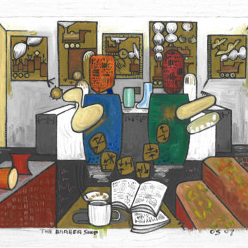 Painting titled "The Barber Shop" by Gerald Shepherd F.F.P.S., Original Artwork, Oil