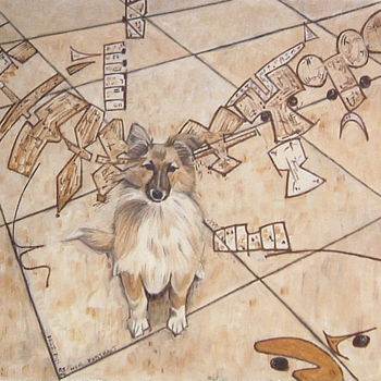 Schilderij getiteld "Dog's Dinner Portra…" door Gerald Shepherd F.F.P.S., Origineel Kunstwerk, Olie