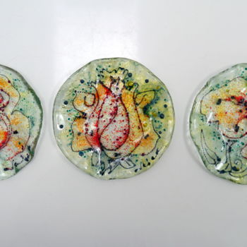 「Rose plates- 3 peac…」というタイトルの絵画 Oksana Veberによって, オリジナルのアートワーク, ガラス