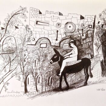 Σχέδιο με τίτλο "walk in the old town" από Janna Shulrufer, Αυθεντικά έργα τέχνης, Μελάνι