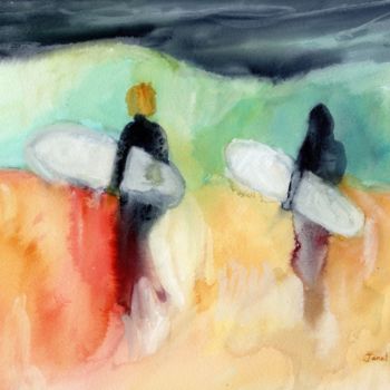 Painting titled "Surfers at Hanalei…" by Janel Bragg, Original Artwork, Watercolor