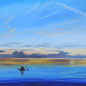 Pittura intitolato "Boat on the sea blue" da Gordon Bruce, Opera d'arte originale, Olio