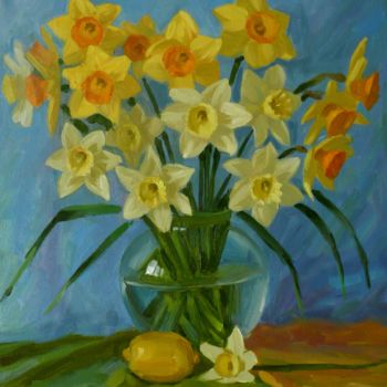 Painting titled "Нарциссы весной." by Sergey Perevozchenko, Original Artwork, Oil