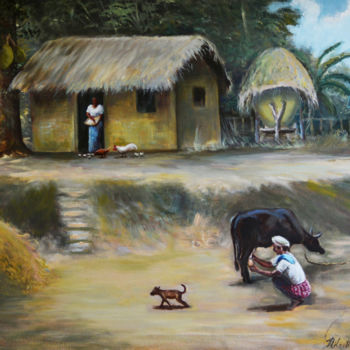 Pintura titulada "Daily Chores" por Nilantha Vidanarachchi, Obra de arte original, Oleo Montado en Bastidor de camilla de ma…
