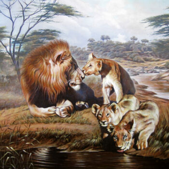 Картина под названием "Lion with offspring" - Sergey And Vera, Подлинное произведение искусства, Акрил