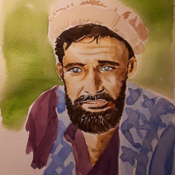 Peinture intitulée "L'Afghan aux yeux b…" par Chris Texier, Œuvre d'art originale, Aquarelle