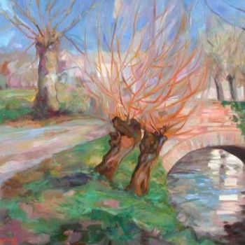 Painting titled "Ponte con salici" by Lucio Betto, Original Artwork
