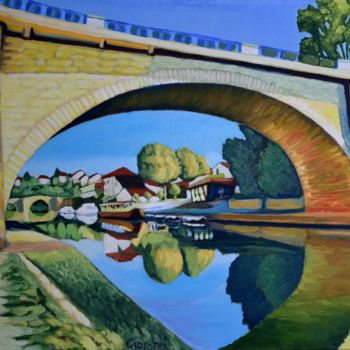 Painting titled "Pont de Nérac" by Christophe Cadiot, Original Artwork, Oil Mounted on Wood Stretcher frame