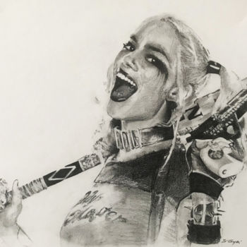 Drawing titled "Harley Quinn" by Sandrine Royer, Original Artwork, Graphite Mounted on Glass