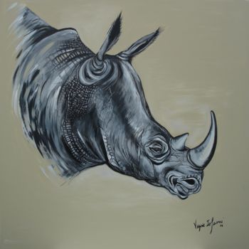 绘画 标题为“TETE DE RHINOCEROS” 由Virginie Isfaoui, 原创艺术品, 丙烯 安装在木质担架架上