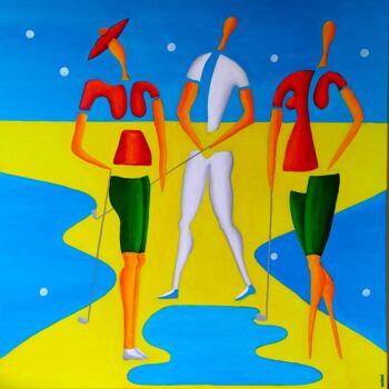 Pittura intitolato "Debate at golf - wo…" da Peter Vamosi, Opera d'arte originale, Acrilico Montato su Telaio per barella in…