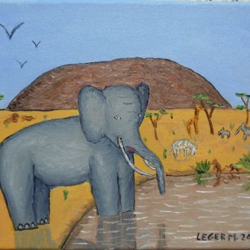 Painting titled "Éléphant dans la sa…" by Matthieu Leger, Original Artwork, Oil