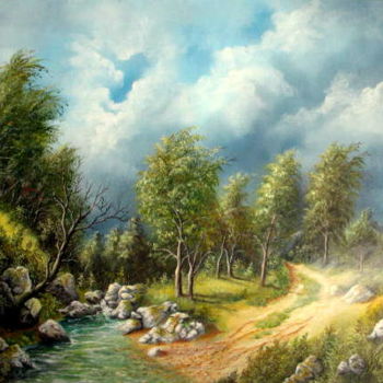 Painting titled "La tempête arrive." by Gérard Jéhin, Original Artwork, Oil Mounted on Wood Stretcher frame
