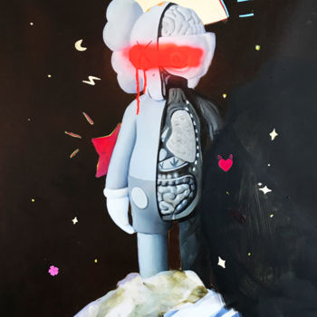 Painting titled "The one with KAWS" by Lode S, Original Artwork, Oil Mounted on Wood Stretcher frame