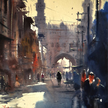 Painting titled "Lad Bazar-Charminar…" by Kishore Singh, Original Artwork, Watercolor
