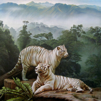 Картина под названием "White tigers" - Sergey And Vera, Подлинное произведение искусства, Масло