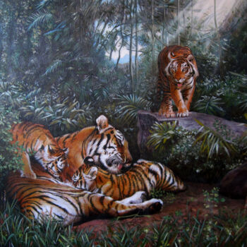 Картина под названием "Tiger family" - Sergey And Vera, Подлинное произведение искусства, Масло